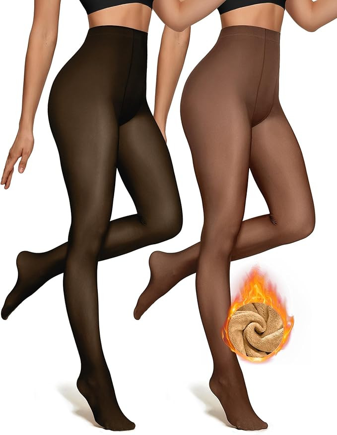 OEAK Womens 2 Pack Fleece Lined Tights Fake Translucent Pantyhose Thermal Opaque High Waisted Leg... | Amazon (US)