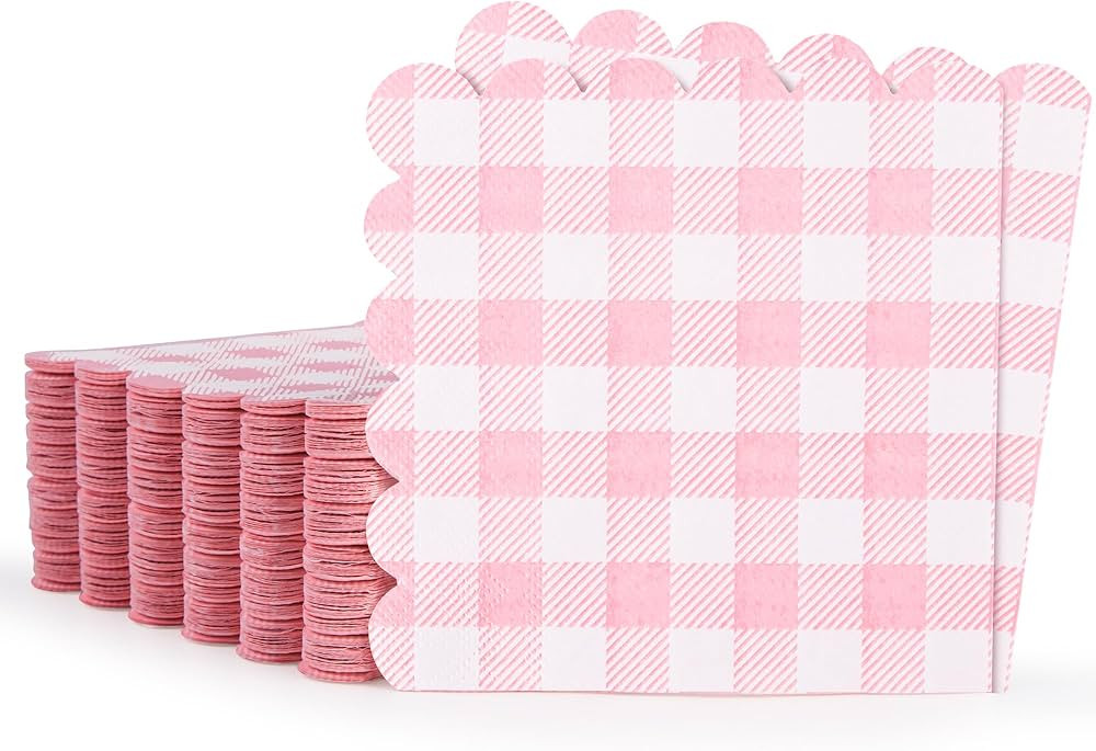 100 Pcs Pink Gingham Napkins, 5 x 5 Inches Scalloped Napkins, Disposable Cocktail Napkins For Wed... | Amazon (US)