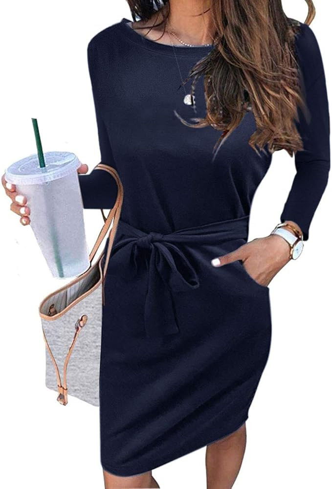 MEROKEETY Women's 2021 Fall Striped Long Sleeve T Shirt Dress Casual Tie Waist Crew Neck | Amazon (US)