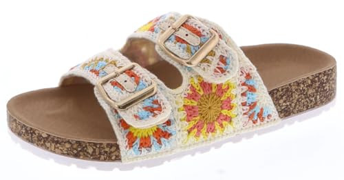 TruFox Women's Crochet Double Strap Flat Sandals with Granny Squares Cork Molded Footbed, Beige Crochet, 9 | Amazon (US)