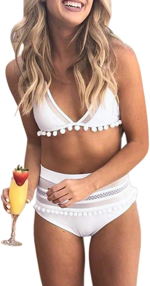 Lylinan Womens High Waist Two Pieces Bikini Set Padded Stripe Tassel Swimsuit | Amazon (US)
