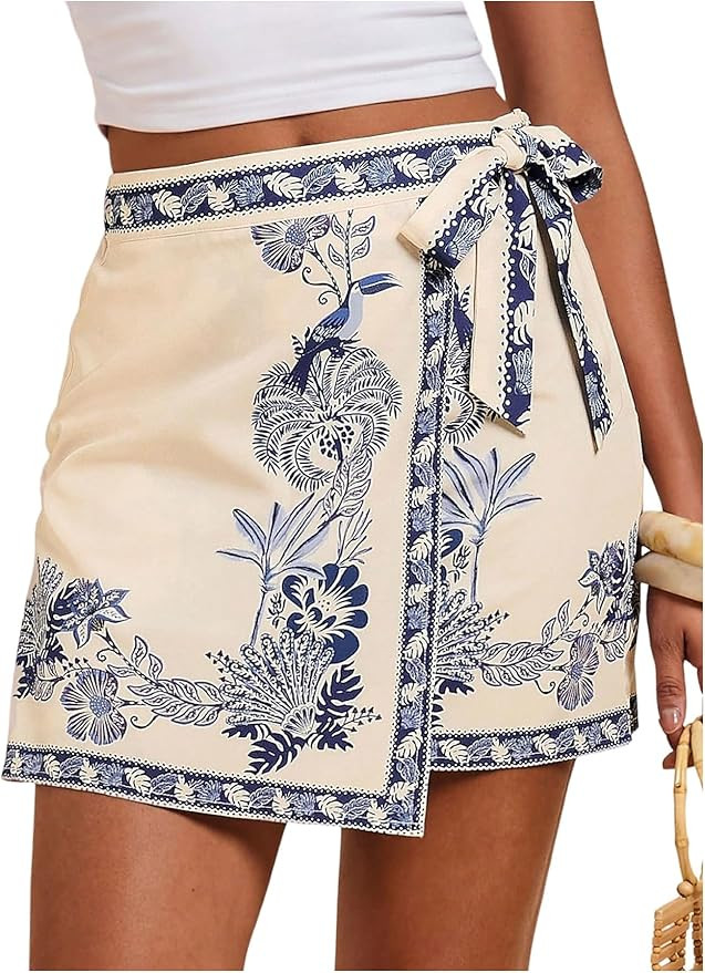 Women's Floral Knot Side Wrap Skirt High Waist Contrast Binding A Line Mini Skirts | Amazon (US)