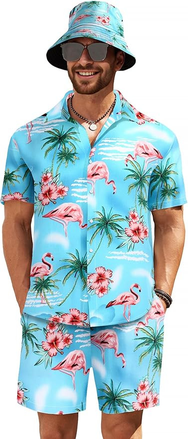 COOFANDY Men's Hawaiian Shirt and Short Set Flower 2-pieces Beach Outfit with Bucket Hats | Amazon (US)