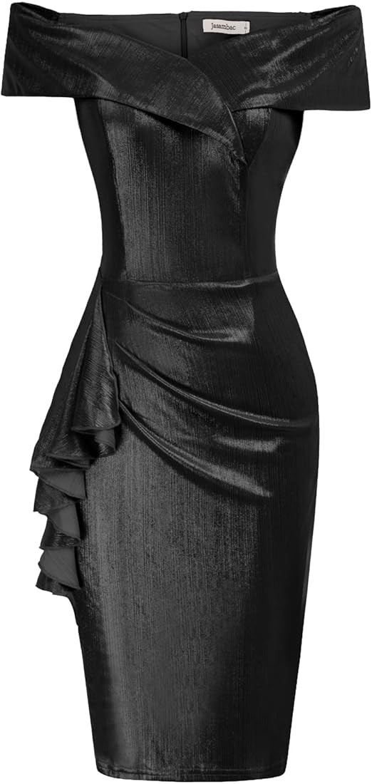 JASAMBAC Women's Off Shoulder V Neck Ruched Bodycon Midi Elegant Cocktail Party Dress Wedding Guest  | Amazon (US)