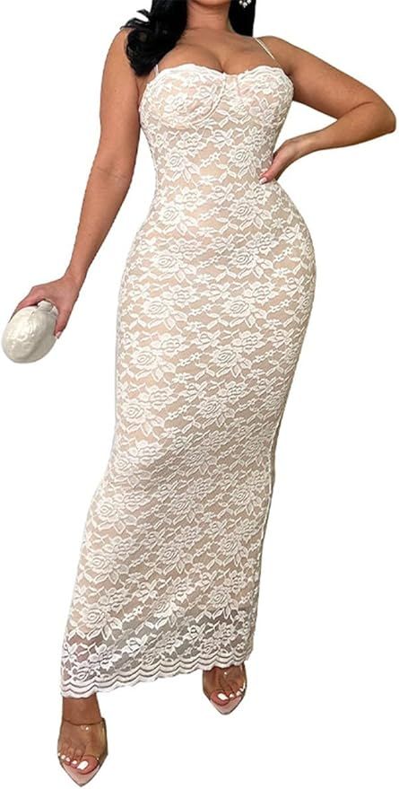 Women Spaghetti Strap Lace Dress Summer Sleeveless Bodycon Mesh Long Maxi Dresses Clubwear with L... | Amazon (US)