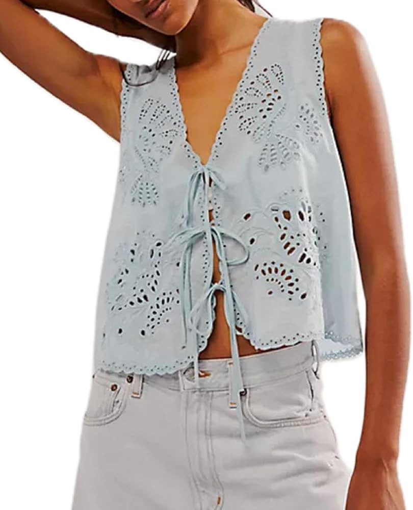 Women Tie Front Vest Y2k Eyelet Embroidery Hollow Out Tank Crop Top Sleeveless Going Out Vest Str... | Amazon (US)