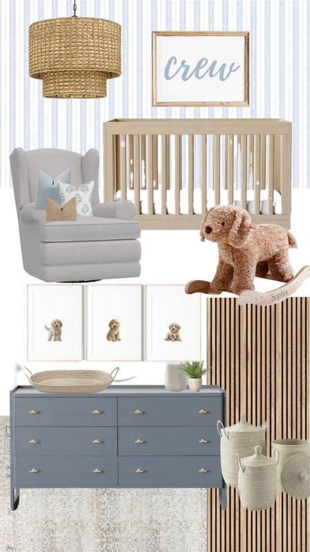 Baby boys room mood board nursery, design, blue and beige, wood accents, natural crib, golden doodle, puppy, theme wing back, glider, rocking chair little boy kids spaces bedroom styling rocking horse prints Etsy pottery barn kids baby target crib rattan light fixture pendant chandelier name sign custom personalized digital art prints

#LTKbaby #LTKbump #LTKhome