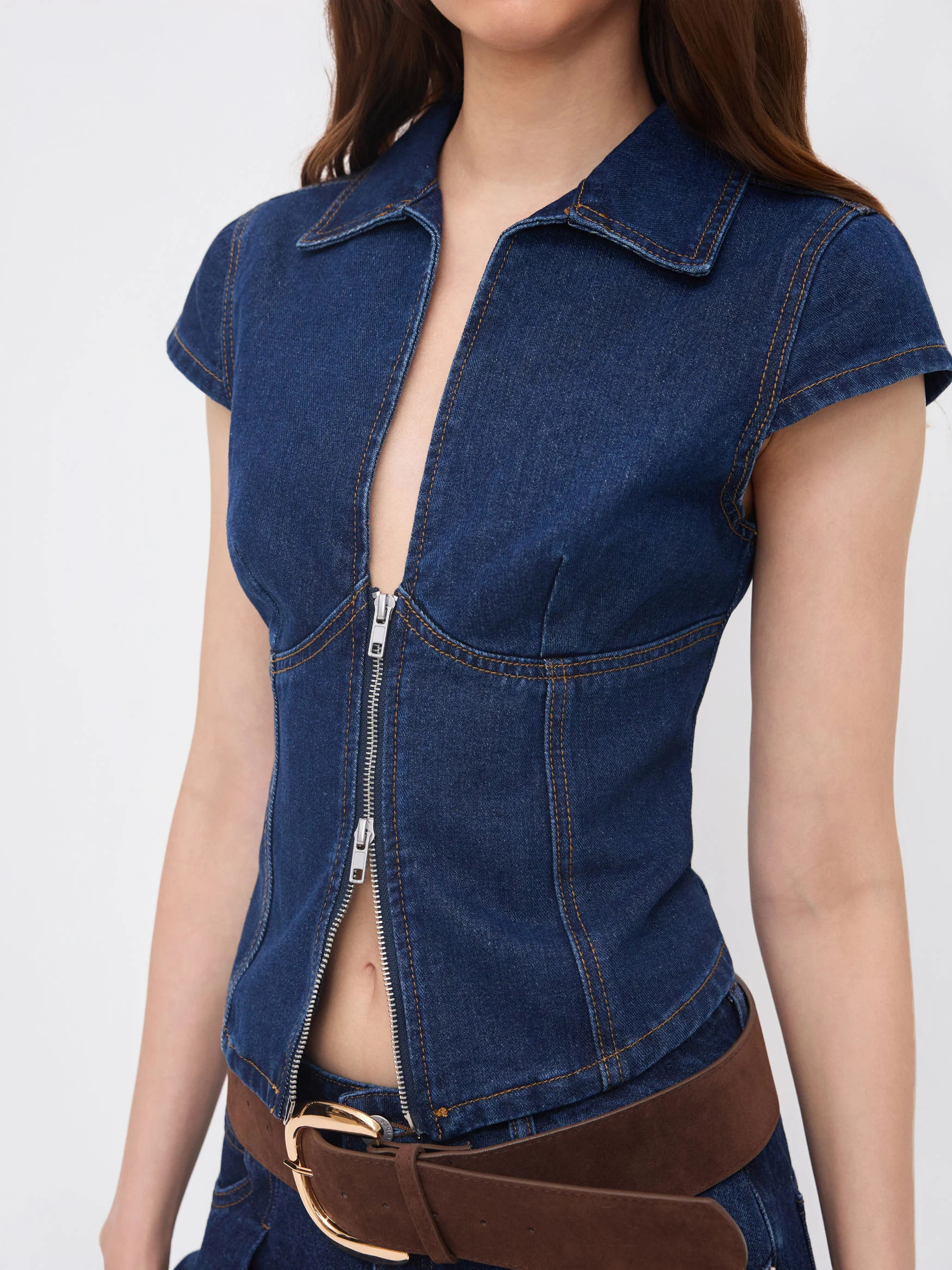 Denim Polo Neck Zip Through Blouse | Cider