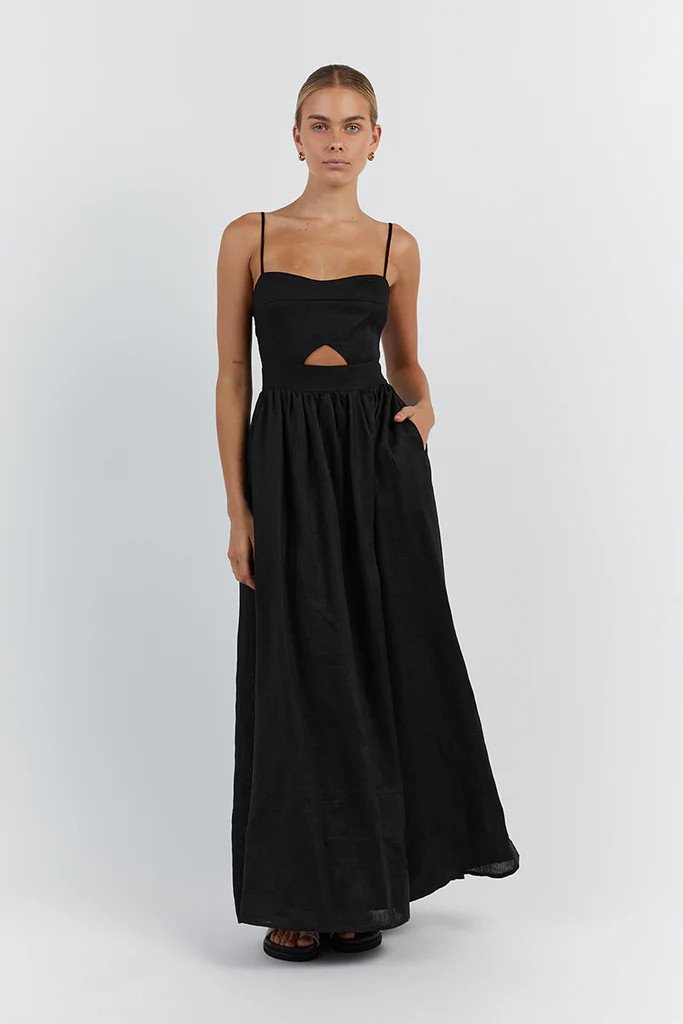 HARPER BLACK LINEN MIDI DRESS | DISSH