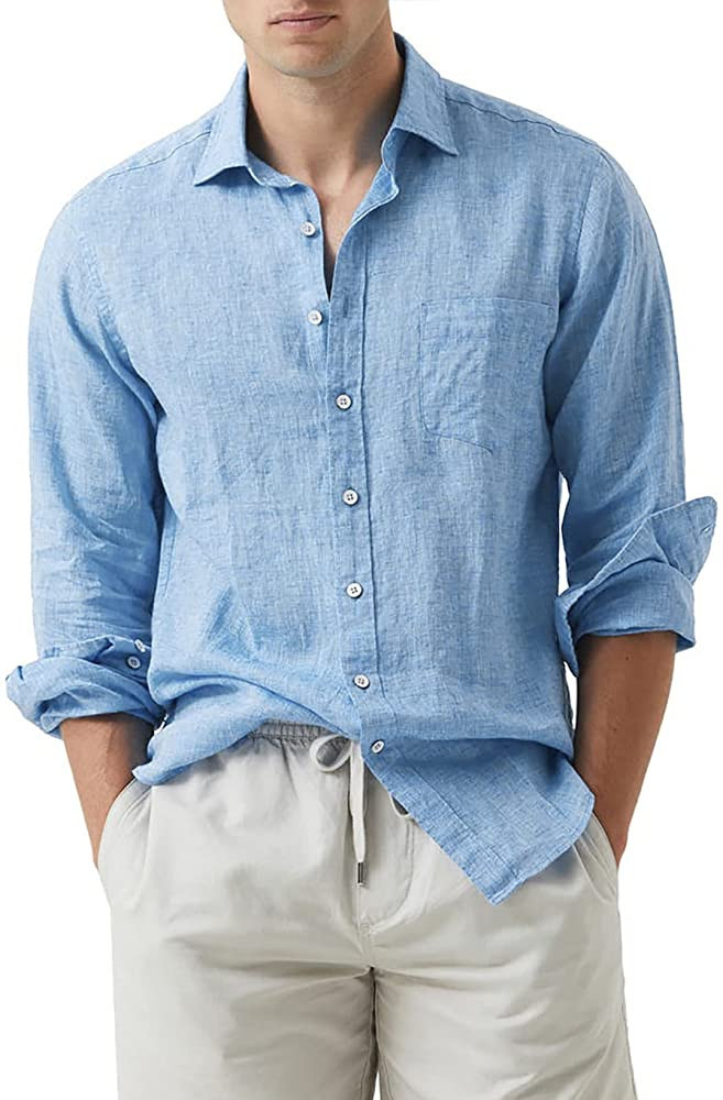 Renaowin Mens Shirts Long Sleeve Linen Cotton Casual Button Down Dress Shirts with Front Pocket | Amazon (US)