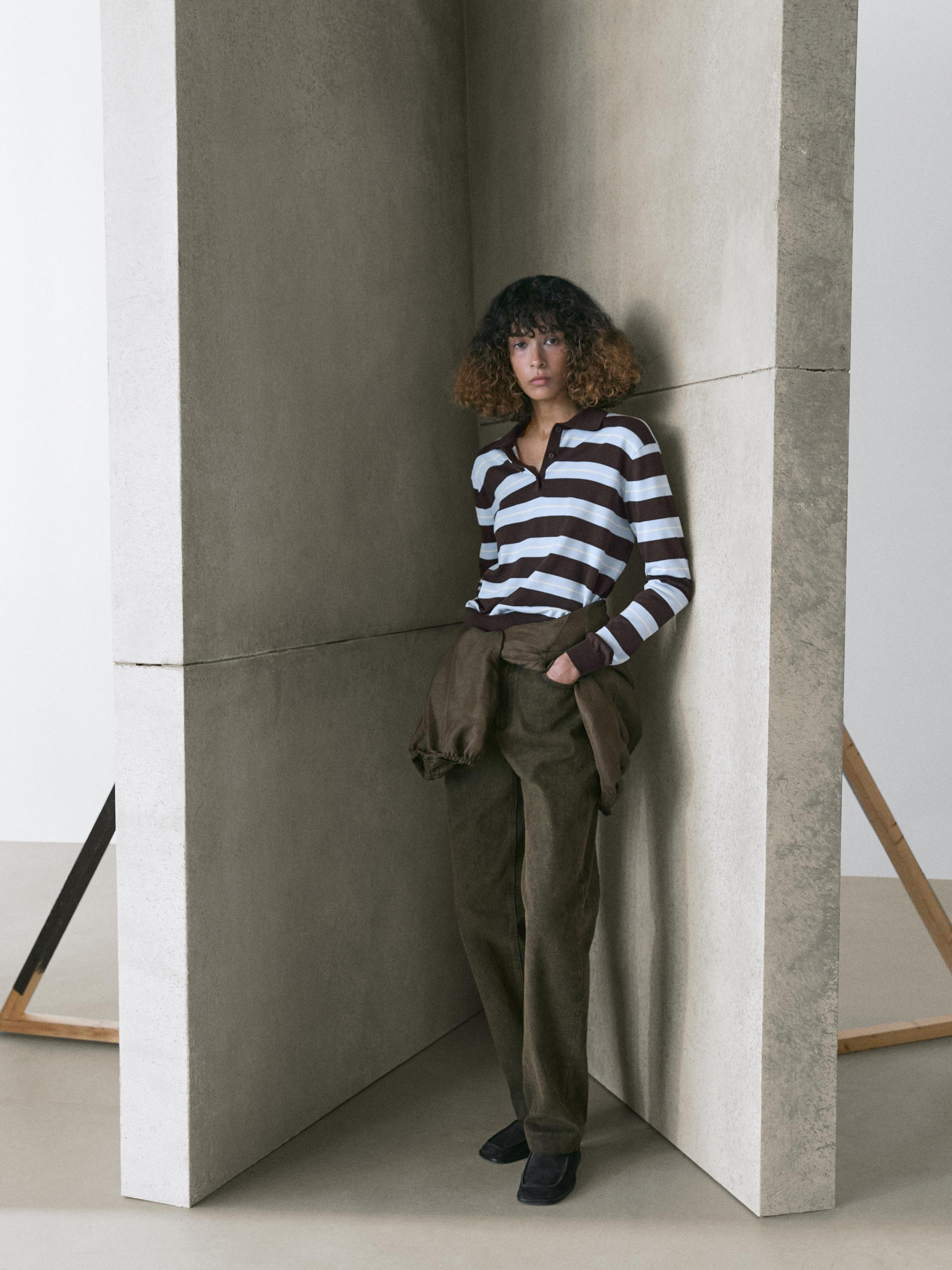 Cotton striped knit polo sweater | Massimo Dutti UK