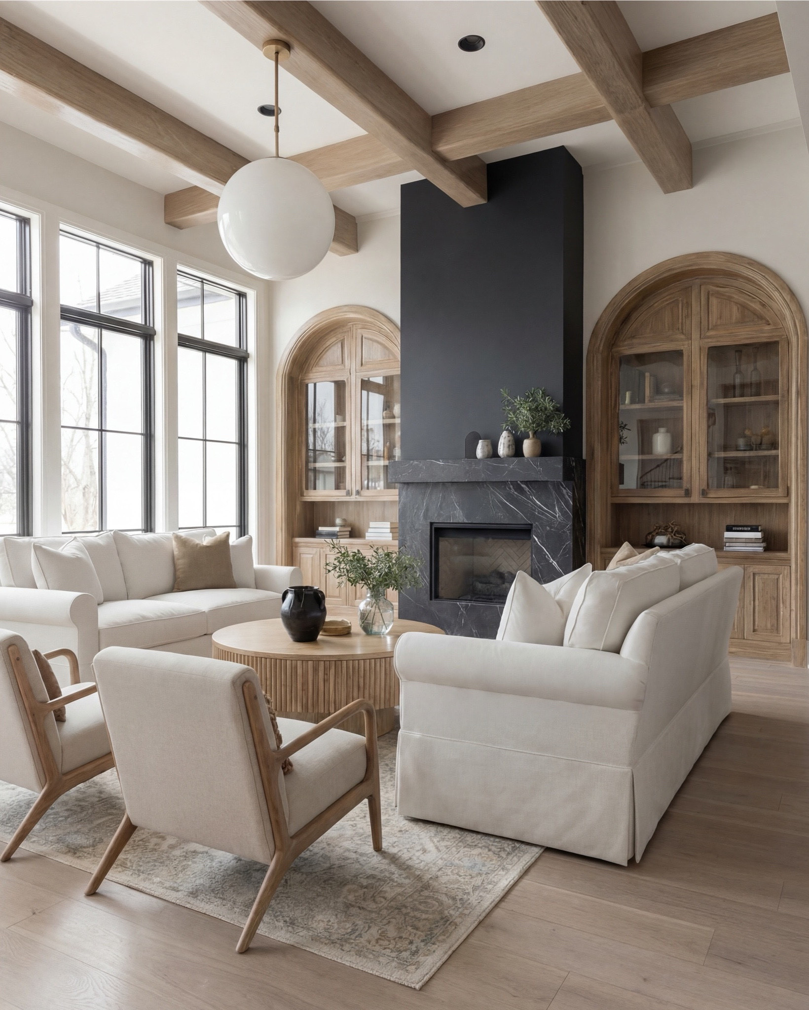 A living room that whispers calm instead of shouting for attention. 🤍

The contrast of the matte black fireplace against the soft oak built-ins is everything—bold, sculptural, and still unbelievably serene. The arched cabinetry brings in that old-world craftsmanship energy, but the light wood keeps it fresh and modern.

Neutral seating, warm woods, and layered textures make the space feel grounded and effortless. Nothing competes—every piece harmonizes. This is what quiet luxury looks like when it’s lived in, not staged.

Shop the Look:
• Cream upholstered sofas
• Light wood accent chairs
• Round fluted coffee table
• Black stone fireplace surround
• Warm oak arched built-ins
• Neutral patterned area rug
• Textured knit throw
• Ceramic vases + greenery

#LTKsale #LTKhome #LTKstyletip