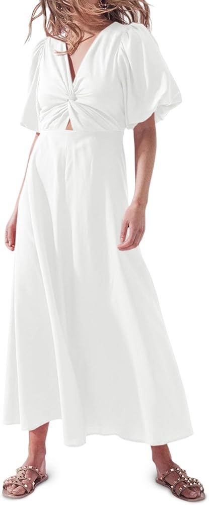 Fisoew Womens Puff Short Sleeve Midi Dress Twist Front V Neck Flowy Dresses for Summer | Amazon (US)