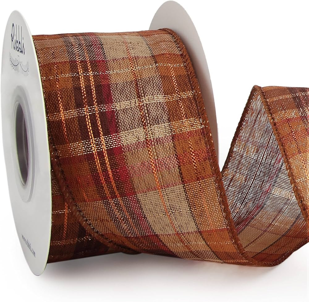 Ribbli Fall Burlap Wired Ribbon with Gold Foil, 2-1/2 Inch x 10 Yard,Fall Plaid Ribbon,Check Ribb... | Amazon (US)