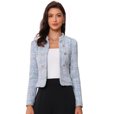 INSPIRE CHIC Women's Tweed Stand Collar Business Open Front Cropped Jacket Large Blue | Target