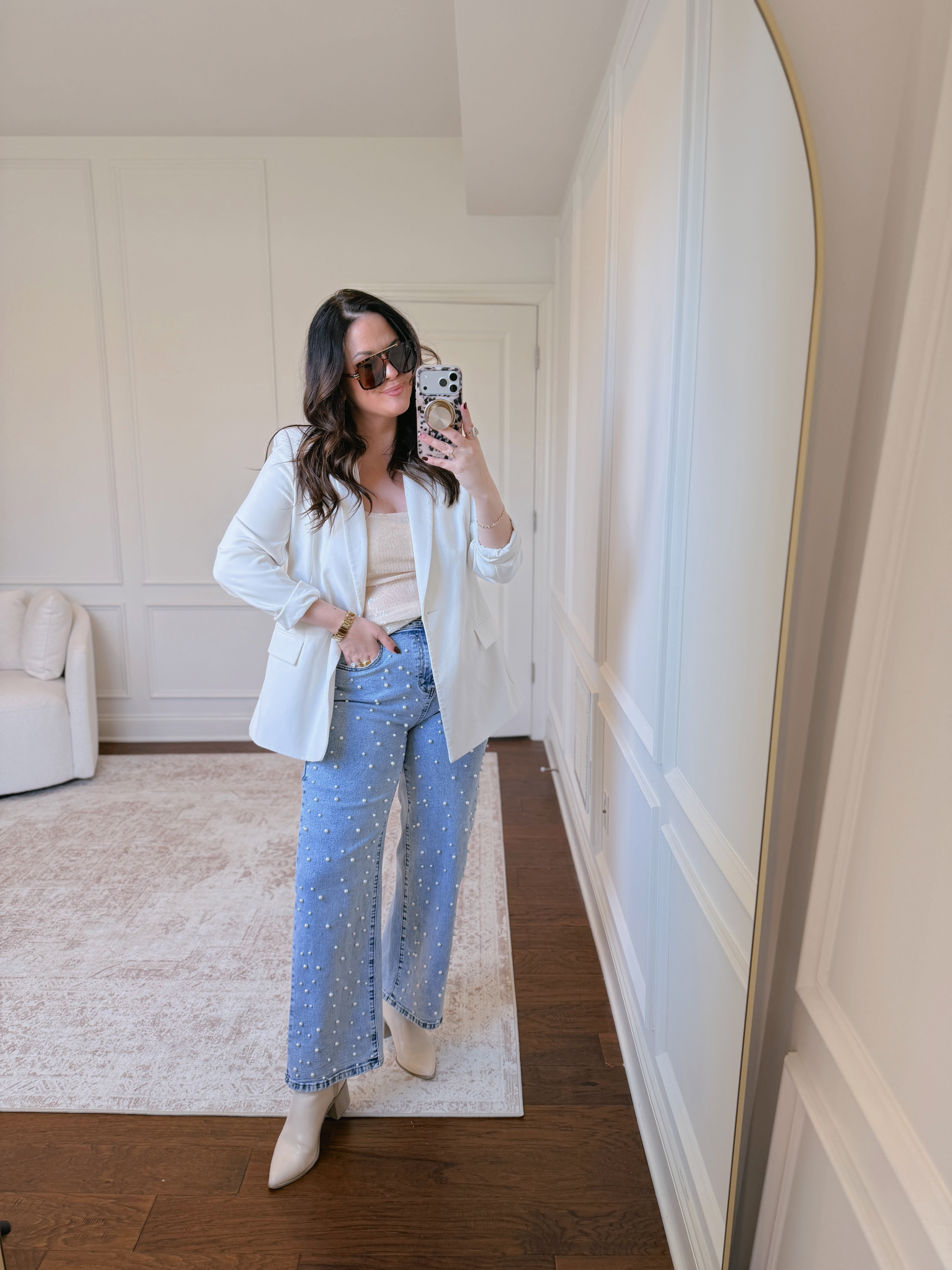 Obsessed with this look! The anti-pooch pearl jeans fit perfectly.. love the stretchy sequin tank, and its perfect topped with this oversized blazer.. in a large in the denim and an XL in the tank and blazer.. 

 #LTKootd #LTKMidsize #LTKFindsUnder50