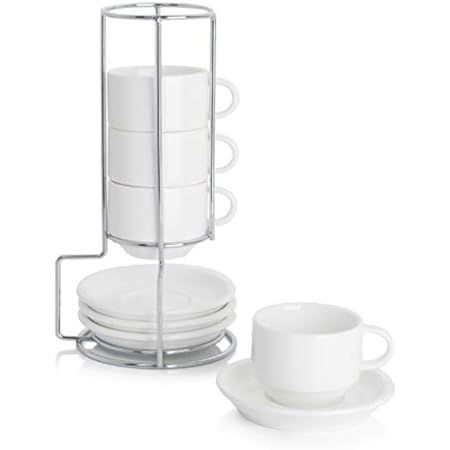 SWEEJAR Porcelain Espresso Cups with Saucers, 4 Ounce Stackable Cappuccino Cups with Metal Stand for | Amazon (US)