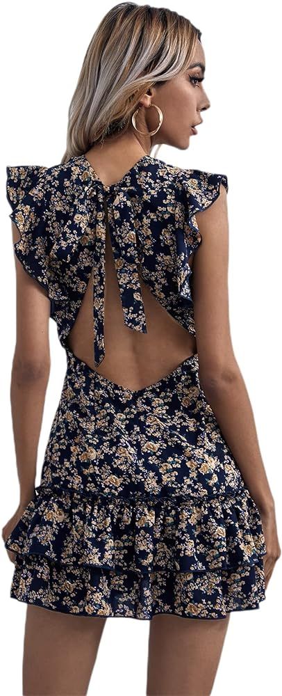 Floerns Women's Tropical Backless Tie Back Ruffle Sleeve A Line Short Dress | Amazon (US)