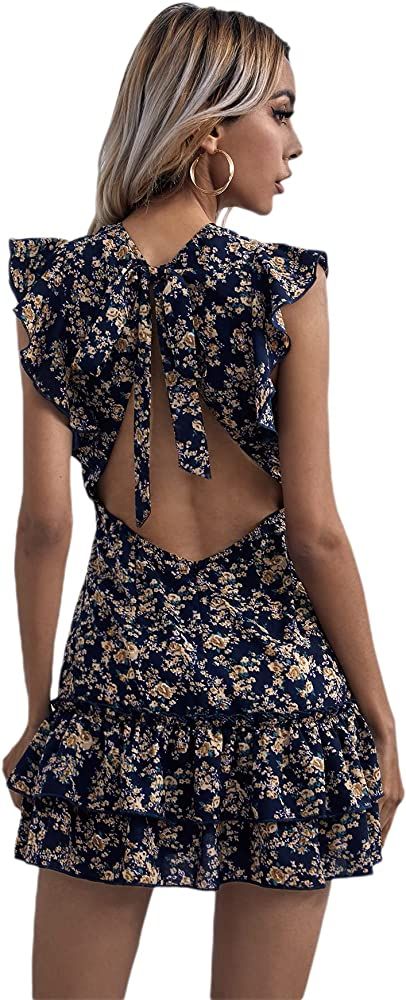 Floerns Women's Tropical Backless Tie Back Ruffle Sleeve A Line Short Dress | Amazon (US)