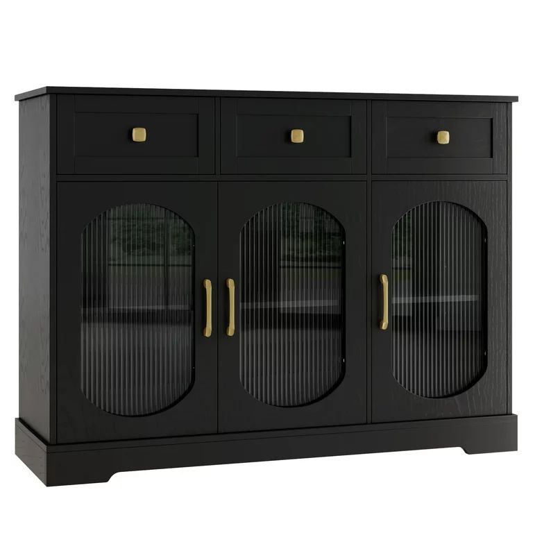 Homfa 3 Drawer Buffet Cabinet with 3 Curved Glass Doors, 47.2''W Kitchen Sideboard with Adjustabl... | Walmart (US)