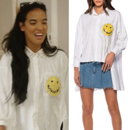 Danielle Olivera’s Embellished Smiley Face Shirt is by Akira // Shop Similar 