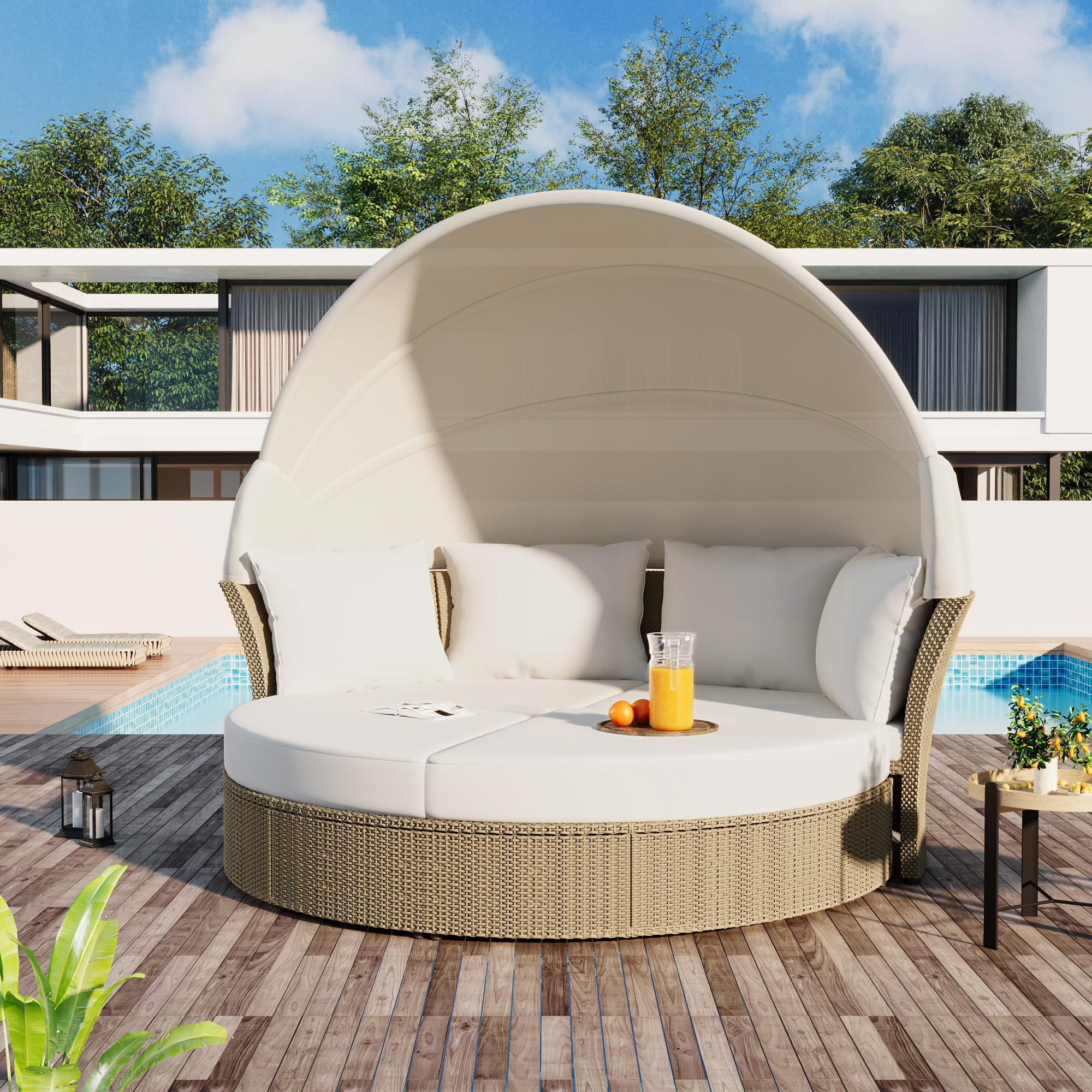 Merax All-Weather Outdoor Round Patio Daybed Conversation Sofa Set Wicker Rattan Double Daybed Sunbed with Retractable Canopy, 4 Pillows and Removable Beige Cushions,Beige Cushion+Brown | Amazon (US)