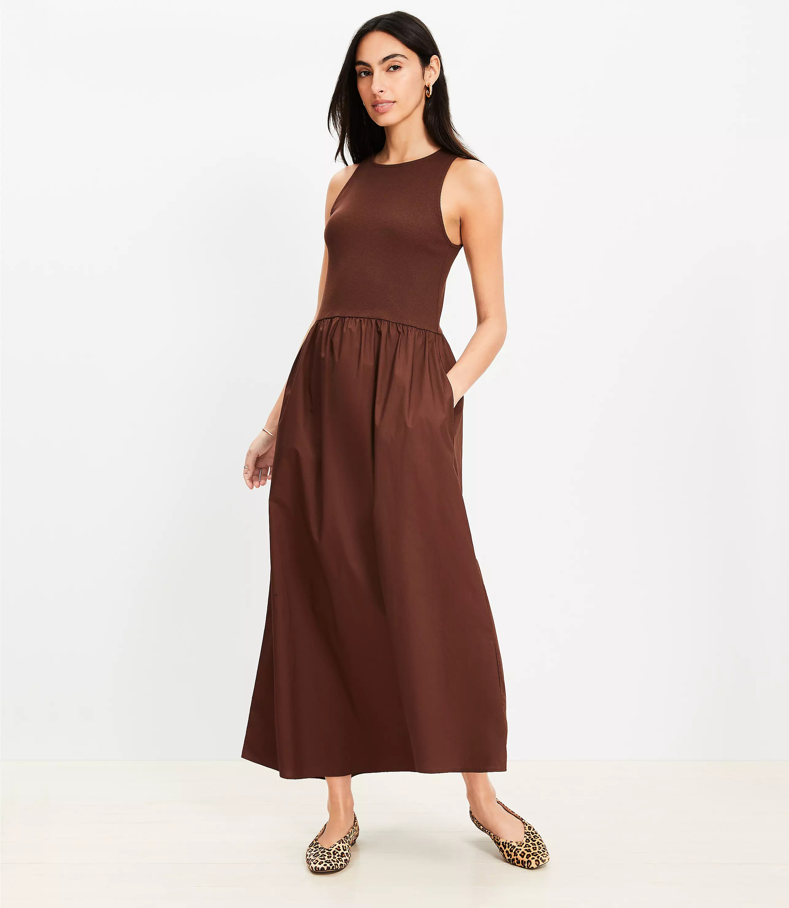 Poplin Mixed Media Midi Pocket Dress | LOFT