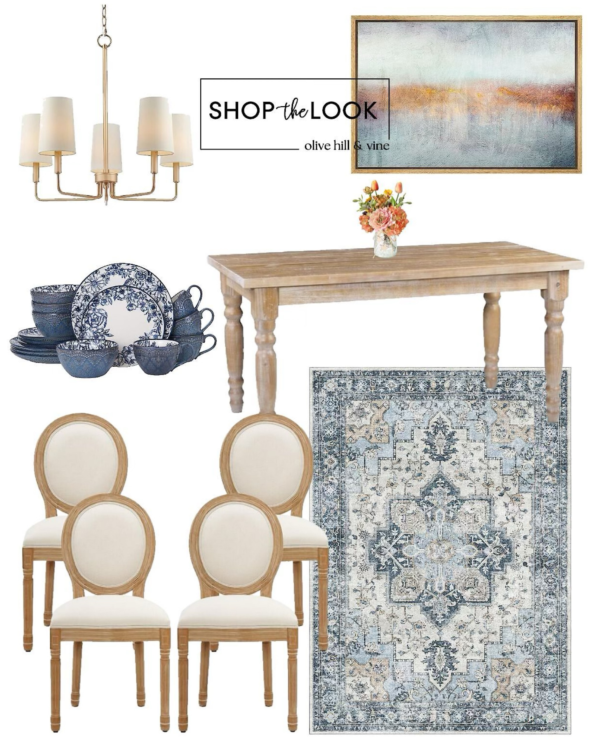 Discover the charm of a French country dining room with our chic curated pieces! The round back upholstered chairs bring luxury for less—grab a set of four for under $250! Complete the look with a solid wood table, muted gold chandelier, modern geometric rug, blue floral dinnerware, and pastel canvas art. 

#LTKStyleTip #LTKHome #LTKFamily