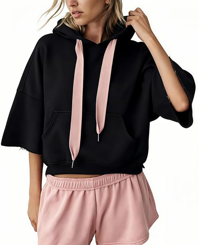Cropped Hoodie Women Three Quarter Short Sleeve Sweatshirt with Pocket Gym | Amazon (US)