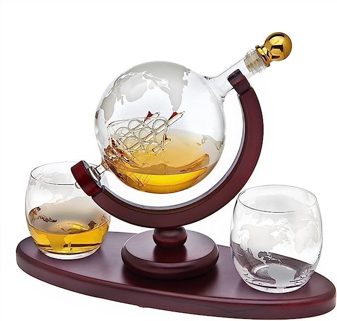 Amazon.com | Whiskey Decanter Globe Set with 2 Etched Whiskey Glasses - for Liquor Scotch Bourbon... | Amazon (US)