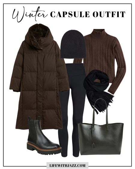 Winter capsule outfit 

Dark brown puffer 
Mock neck sweater 
Leggings with pockets 
Saint Laurent tote 
Chelsea boots 

Capsule wardrobe / winter coat 

#LTKSeasonal #LTKfit #LTKHoliday