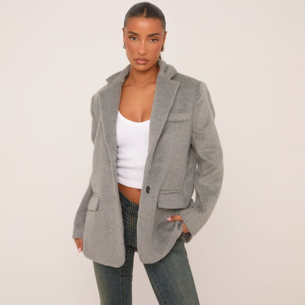 Oversized Tailored Blazer In Grey Faux Fur | EGO (UK)