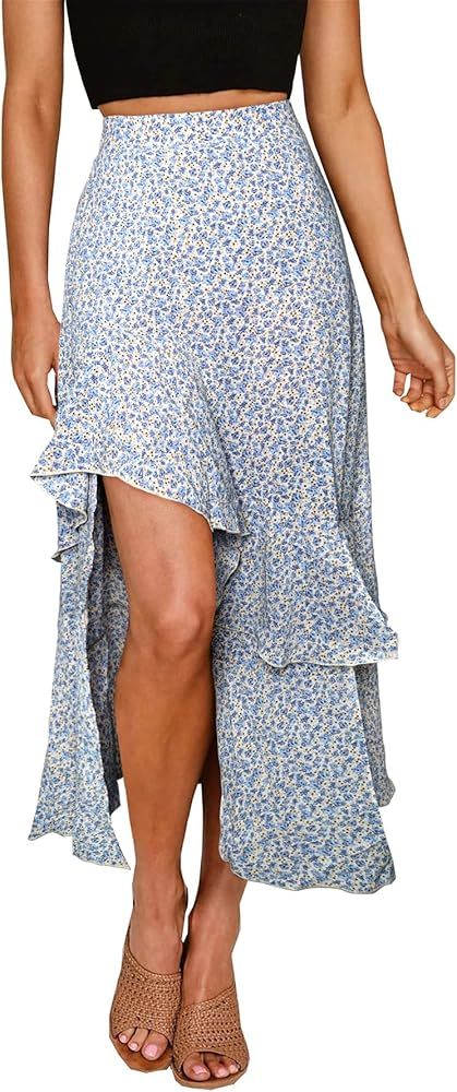 BTFBM Women's Boho Floral Print Long Skirt Dress Chic High Low Side Split Ruffle Hem Elastic Waist S | Amazon (US)