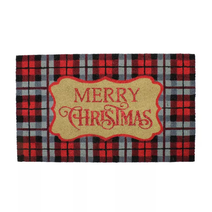 Northlight Red and Black Plaid "Merry Christmas" Rectangular Doormat 18" x 30" | Target