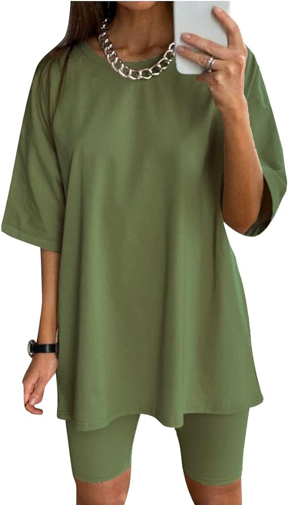 Glamaker Women 2 Piece Outfit sets Casual Oversized T-Shirt Tops Biker Shorts Workout Sports Trac... | Amazon (US)