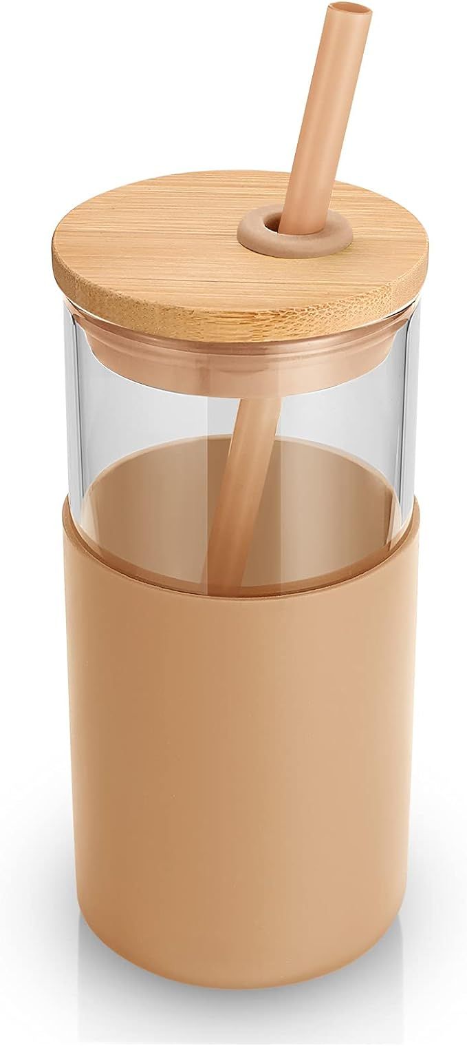 Tronco 16 oz Glass Tumbler with Straw and Bamboo Lid, Iced Coffee Cup Reusable, Smoothie Cups, Tu... | Amazon (US)