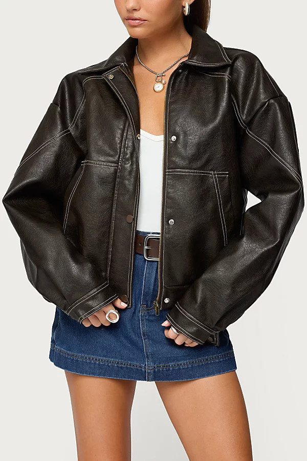 Edikted Jaxson Oversized Faux Leather Bomber Jacket in Dark/Brown, Women's at Urban Outfitters | Urban Outfitters (US and RoW)