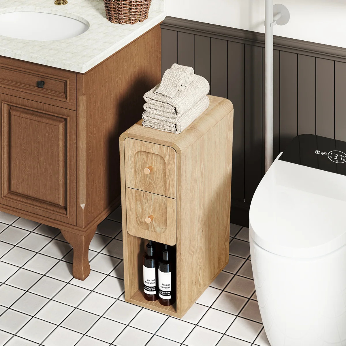 Slim End Table, Narrow Nightstand With 2 Drawers And Open Storage | Wayfair North America