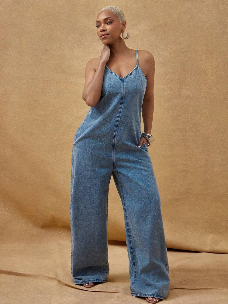 Vixey Casual Chic Cami Strap Wide Leg Denim Jumpsuit With Pockets, Off Duty, Everyday Outfit, Wee... | SHEIN