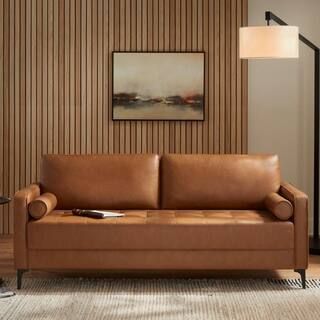 StyleWell Goodwin Mid-Century Modern Vegan Faux Leather Sofa with Throw Pillows in Carmel Brown (... | The Home Depot