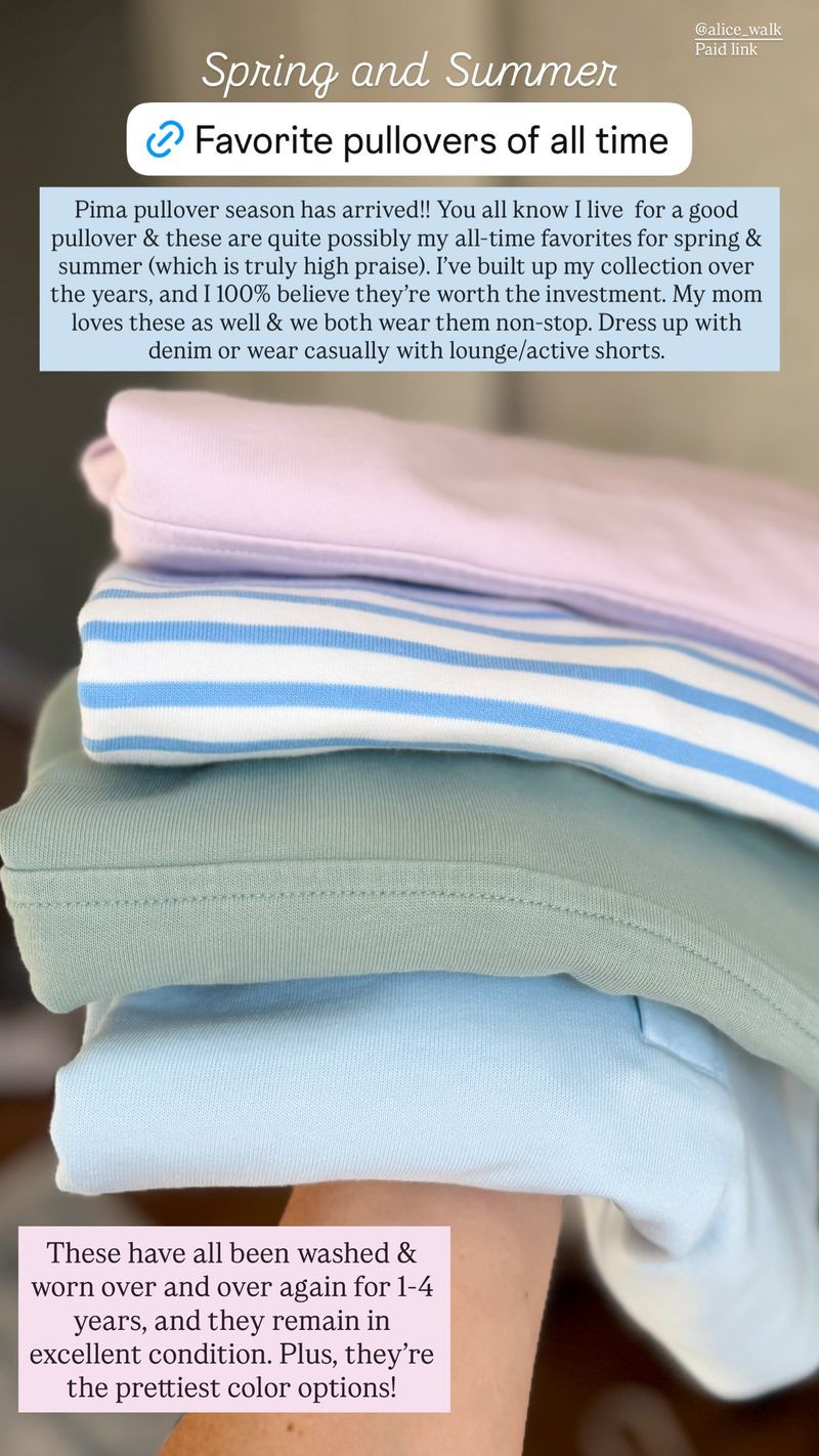 Pima pullover season has arrived! These are my all time favorite pullovers for spring and summer. These fit TTS with a loose, relaxed fit. If between sizes, you can likely size down. I wear an XS

spring style, pima pullover, Alice Walk, pullover, summer style, active wear, active style, casual style, spring fashion, loungewear 

 #LTKmomlife #LTKSeasonal #LTKActive