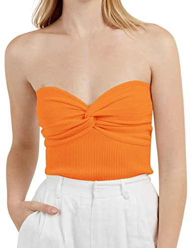 Meladyan Women Twist Knot Front Solid Knit Bandeau Tube Top Sexy Strapless Sleeveless Slim Fit Crop Tank Bustier Orange | Amazon (US)