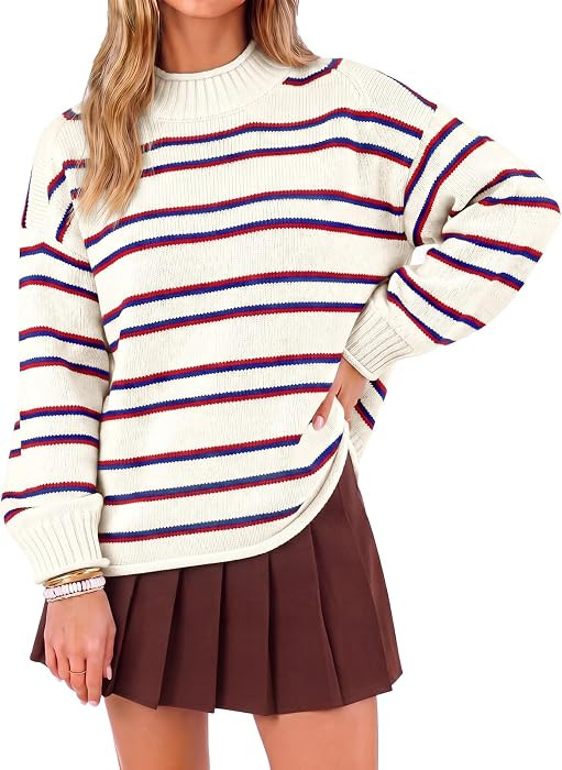 Womens Striped Sweater Mock Neck Long Sleeve Knit Pullover Fall Casual Tops | Amazon (US)