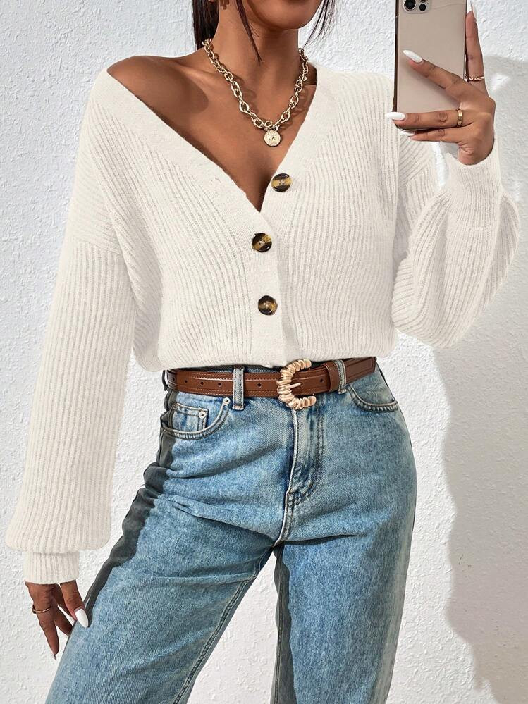 EMERY ROSE Simple Solid Color Cardigan,Ladies Spring/Fall Casual Button Drop Shoulder V Neck Regular Fit Apricot Plain Women Cardigans,Casual Daily Wear,Long Sleeve Tops | SHEIN