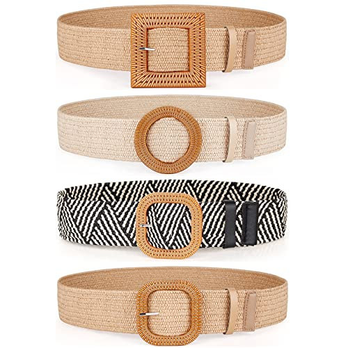 4 Pack Woven Straw Raffia Belts for Women Dress Elastic Stretch Rattan Waist Wide Band | Amazon (US)