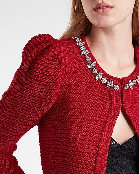 Jewel Neck Trim Sweater Jacket | Express