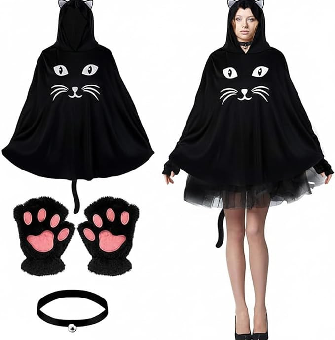 Black Cat Costume Set Halloween Black Cat Hooded Poncho Costume Paws Gloves Collar for Adult Hall... | Amazon (US)