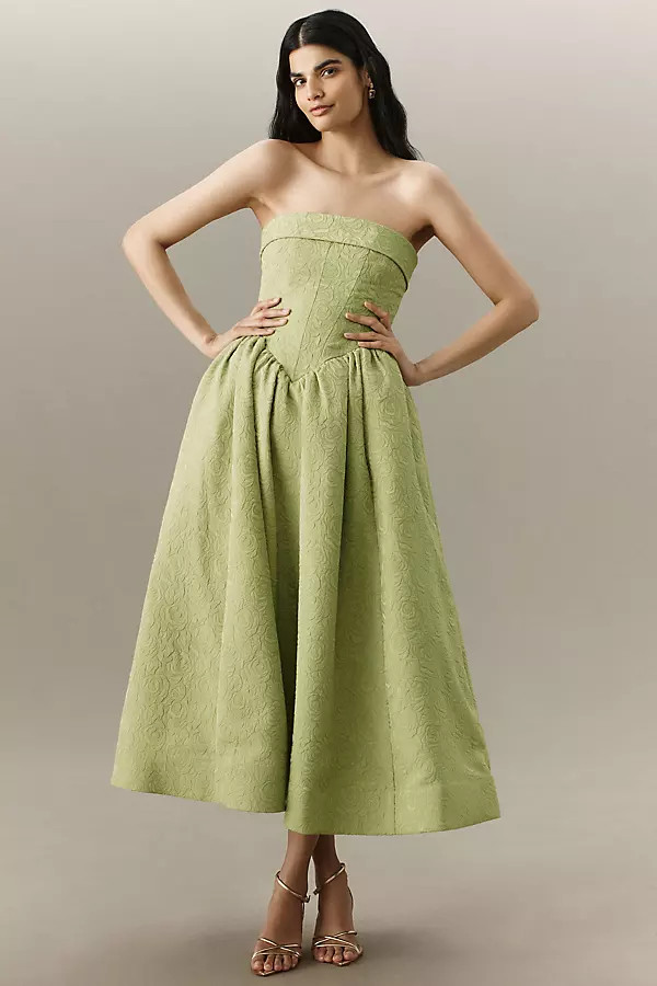 BHLDN Jacquard Strapless Basque-Waist Corset Fit & Flare Wedding Gown | Anthropologie (US)