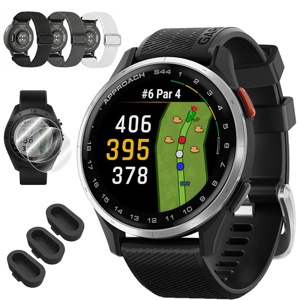 Garmin - Approach S44 GPS Golf Smartwatch, Silver Aluminum Bezel with Black Silicone Band + Accessories Bundle - Silver Aluminum|Black - (2025) | Best Buy U.S.