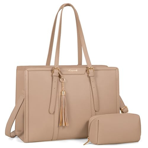 LOVEVOOK Laptop Bag for Women 15.6 inch Lightweight PU Laptop Tote Bag, Large Capacity Computer bag with Clutch Purse for Business, Work, Office, Travel,School，Casual（Light Brown，15.6 Inch） | Amazon (US)